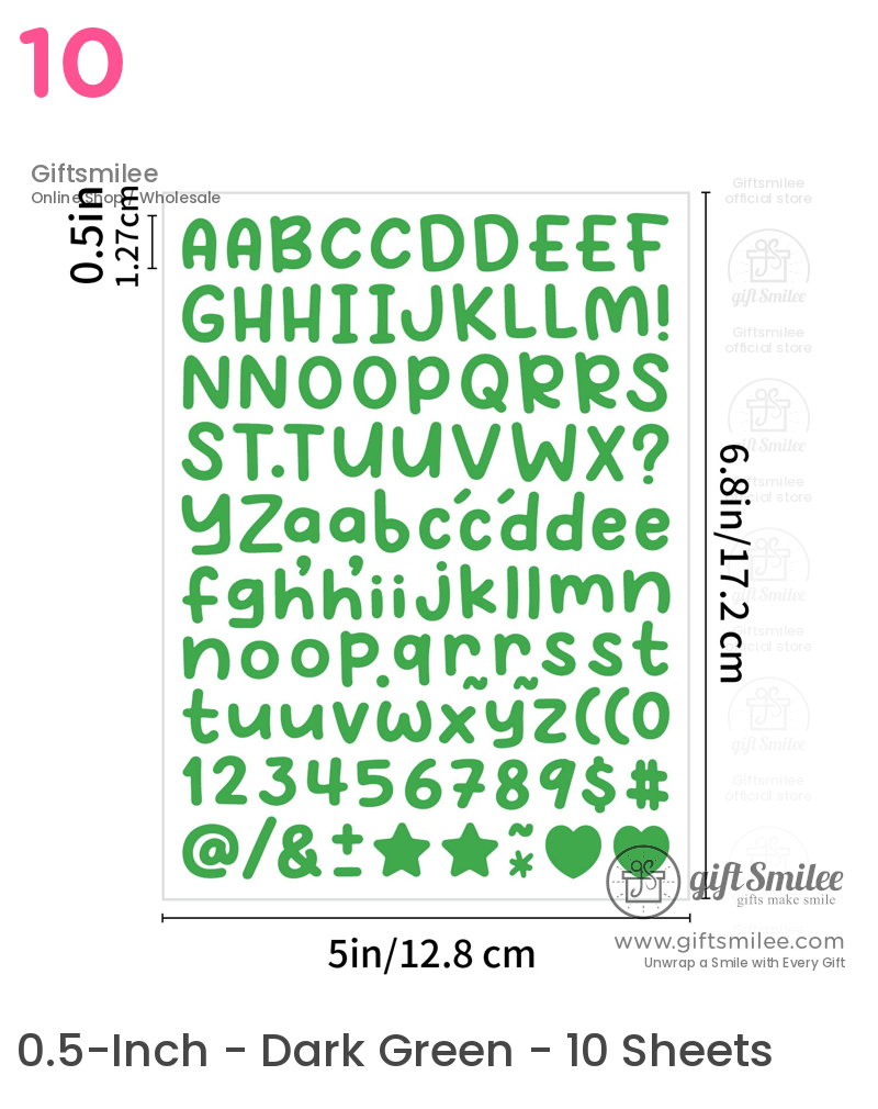 Green alphabet and number sticker sheet with symbols rounded font 05inch size measuring 68x5 inches