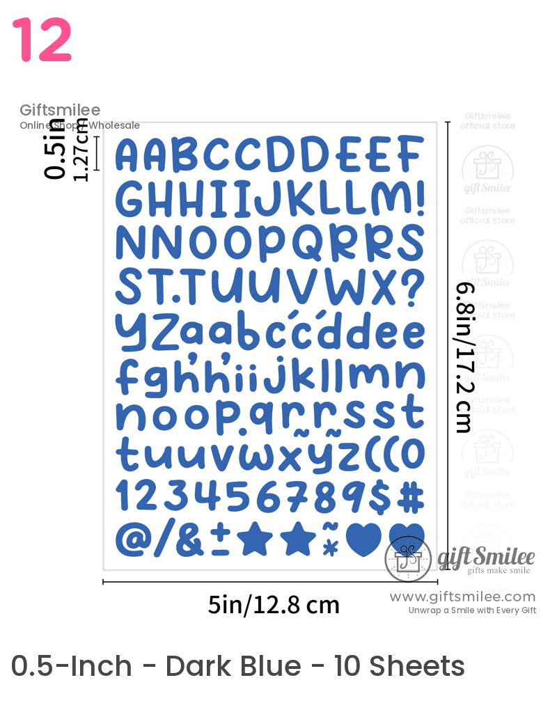 Blue adhesive alphabet and symbol stickers in bold font uppercase and lowercase letters numbers and icons 5x68 inches