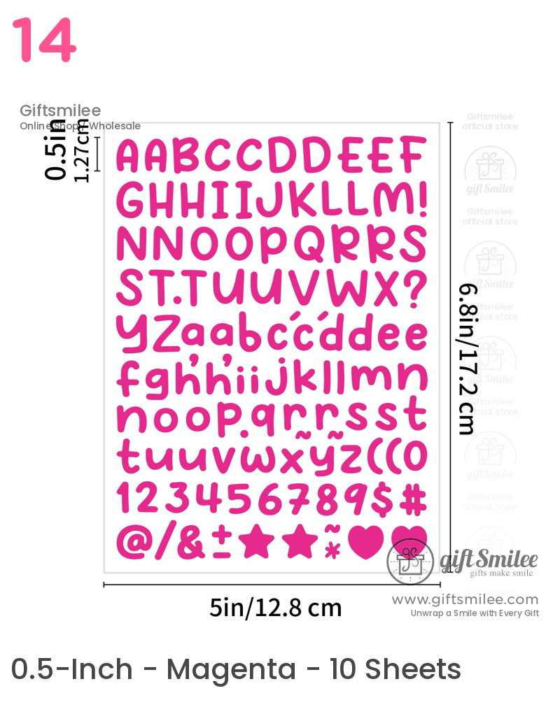 Pink alphabet and symbols stickers in bold font including uppercase lowercase numbers and icons 5x68 inches size