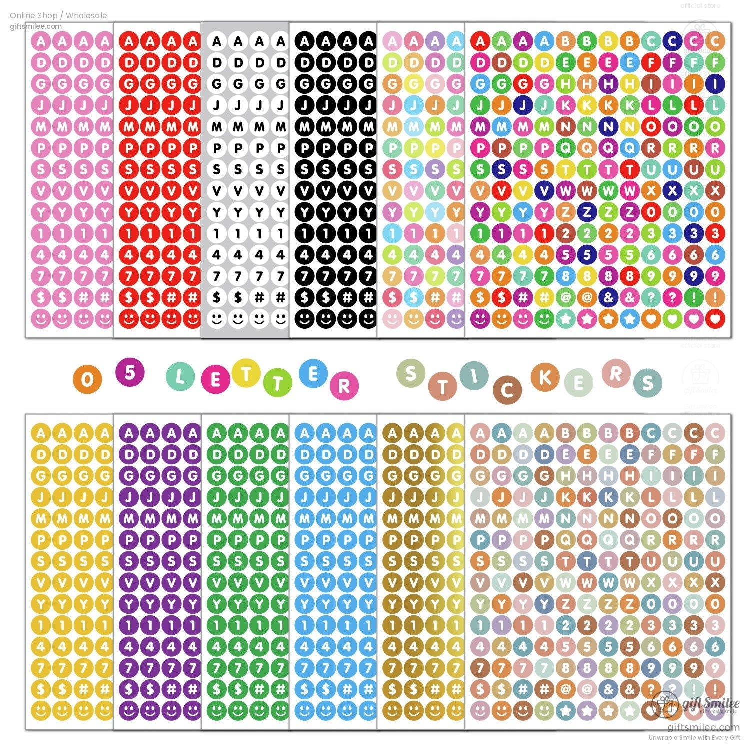 Multicolor alphabet and number round stickers with emoji icons featuring vibrant hues like red blue pink and gold