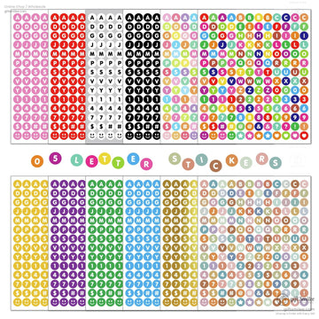 Multicolor alphabet and number round stickers with emoji icons featuring vibrant hues like red blue pink and gold
