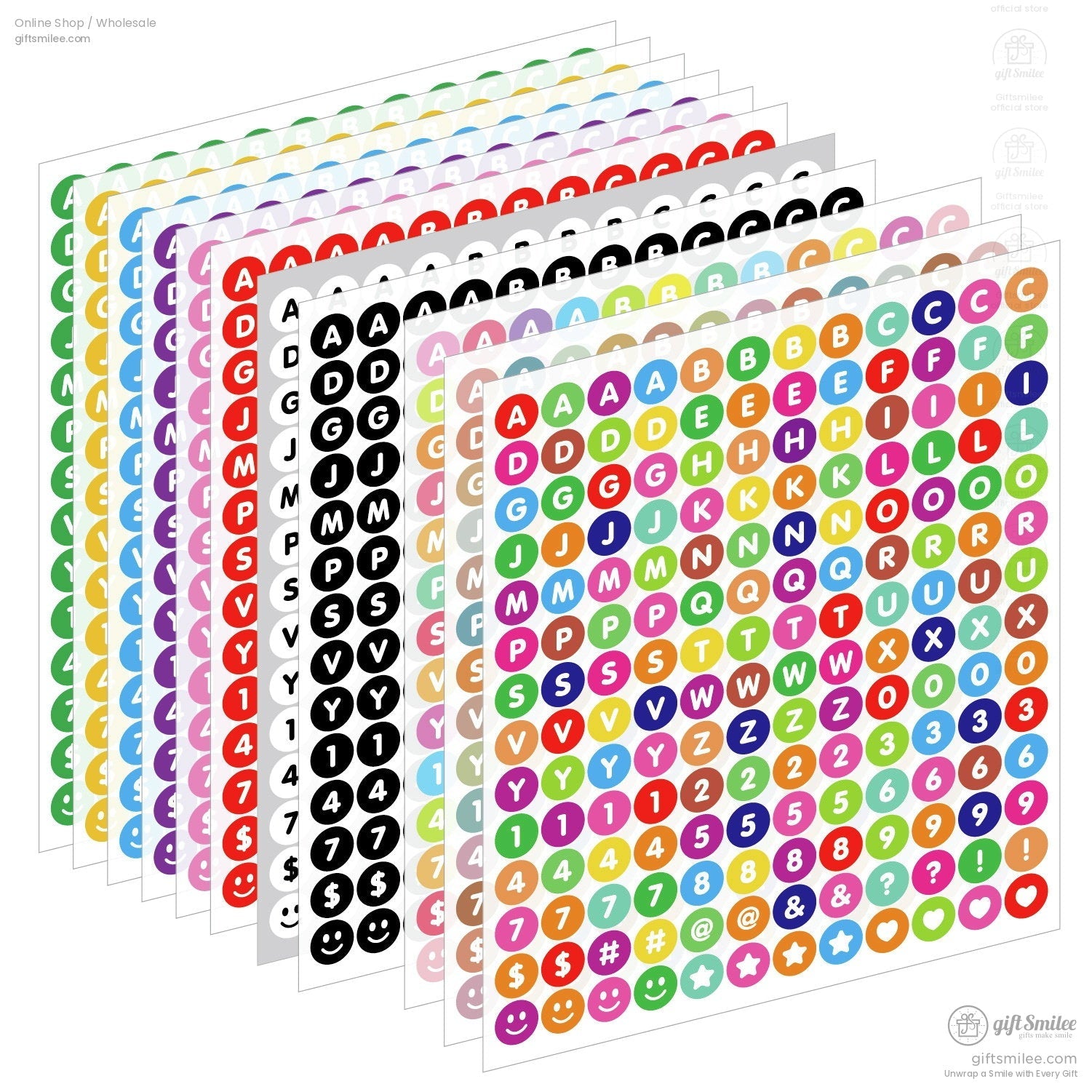 Multicolor alphabet and number stickers on eight sheets featuring bold letters symbols and smiley faces in vibrant circles