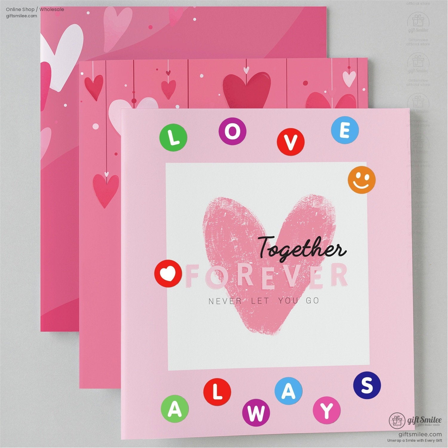 Pink and red Valentines Day cards with heart patterns Together Forever text and colorful lovethemed icons