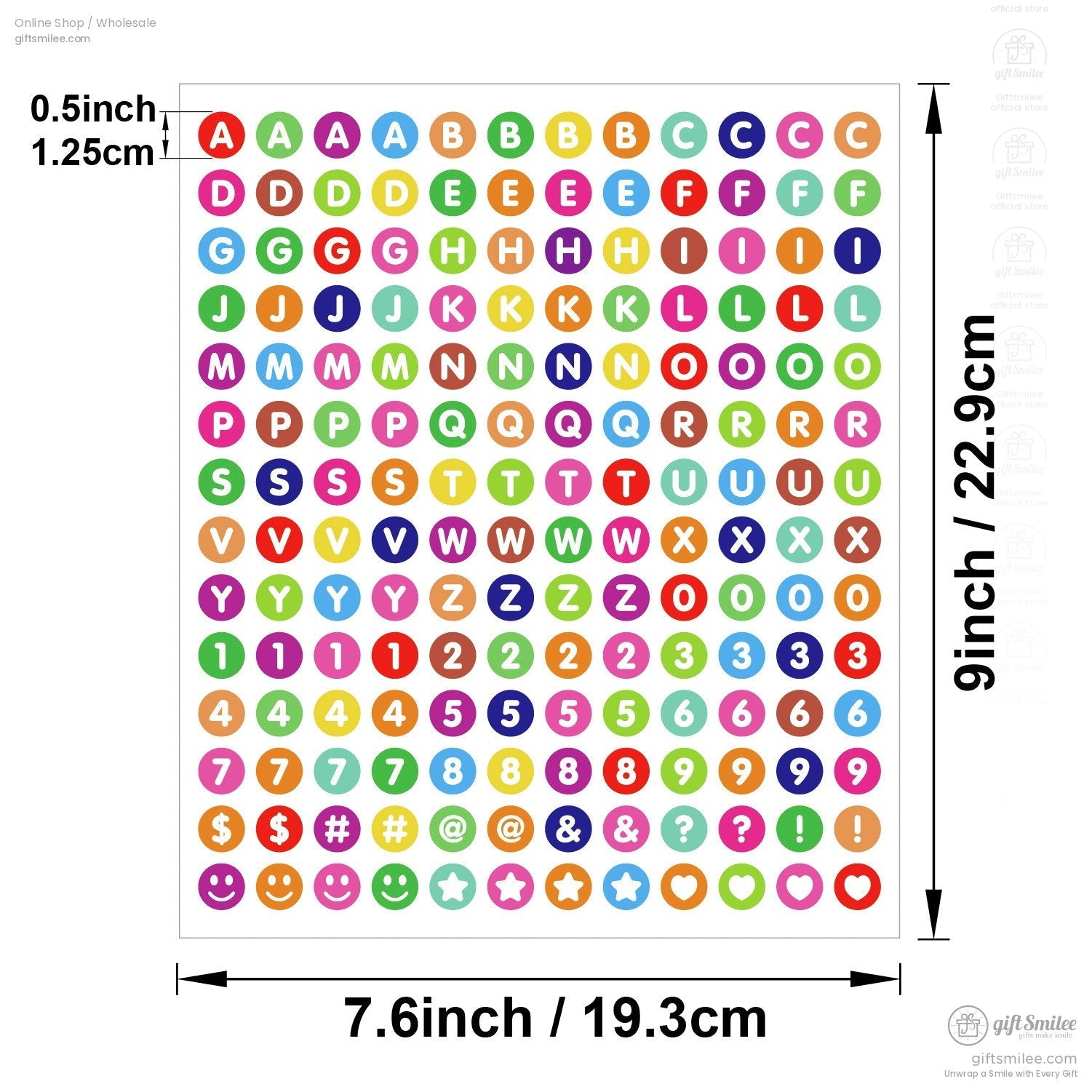 Multicolored alphabet and number stickers in bold font 05inch size arranged on a 9x76inch sheet with emoji symbols