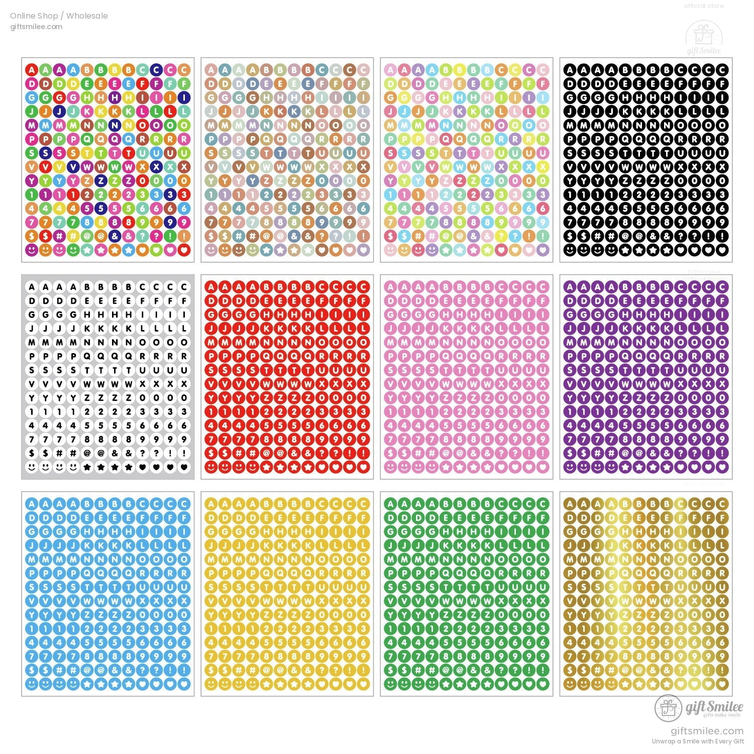 Multicolor letter and number sticker sheets in bold fonts featuring vibrant hues like red green blue and yellow