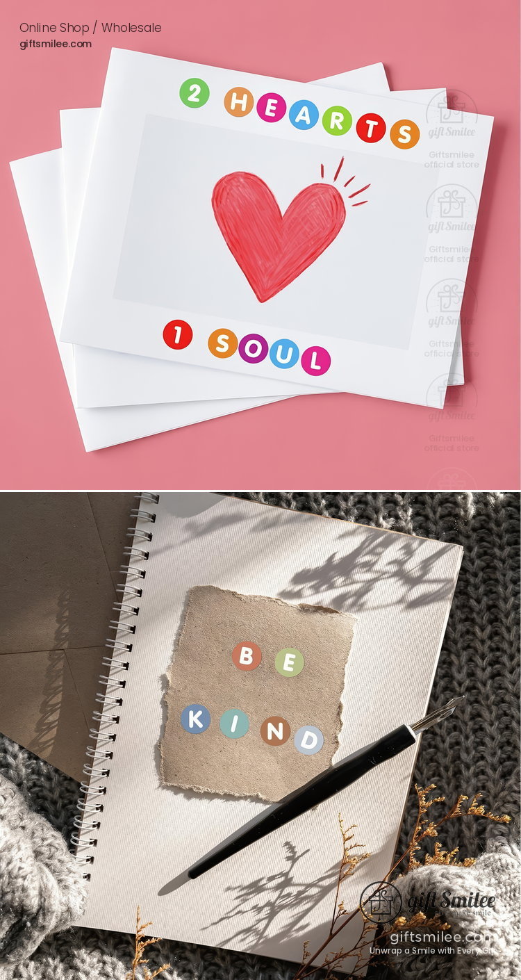 White greeting card with colorful text red handdrawn heart and 2 Hearts 1 Soul message on a pink background