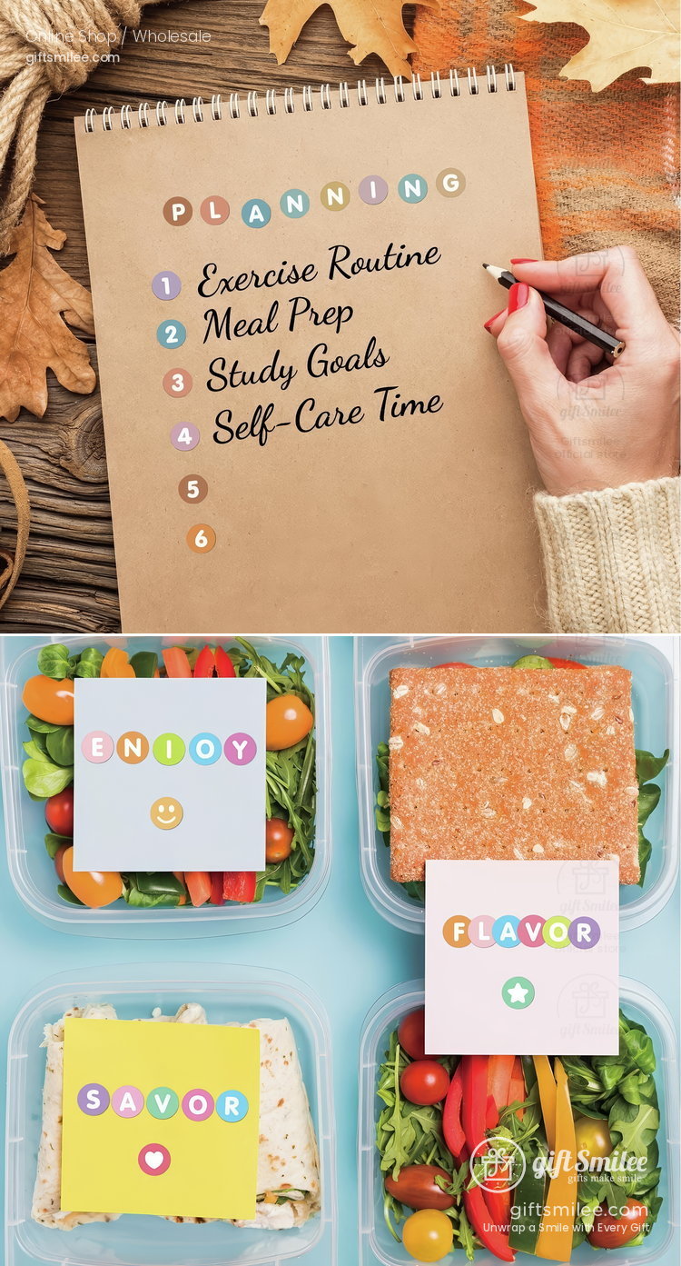 Kraft notebook with colorful letter stickers handwritten goals cozy sweater sleeve autumn leaves and rustic twine