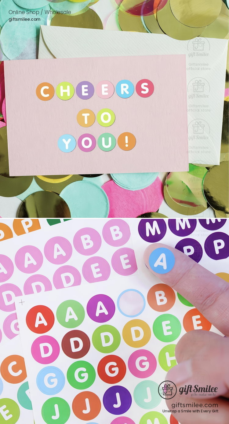 Pastel pink card with colorful circular Cheers to You text white envelope shiny confetti and vibrant letter stickers
