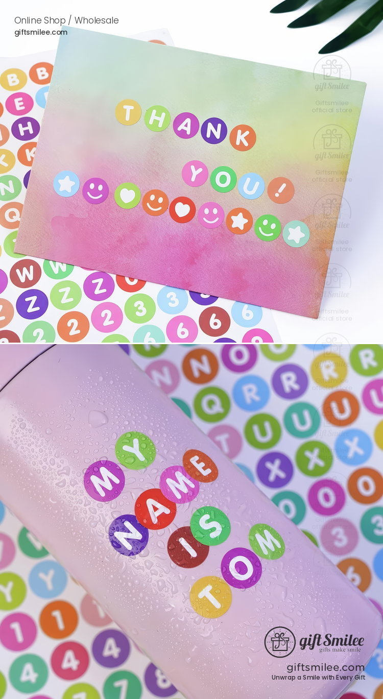 Colorful thankyou card with rainbow gradient background emoji stickers and reusable pastel pink bottle with letter decals
