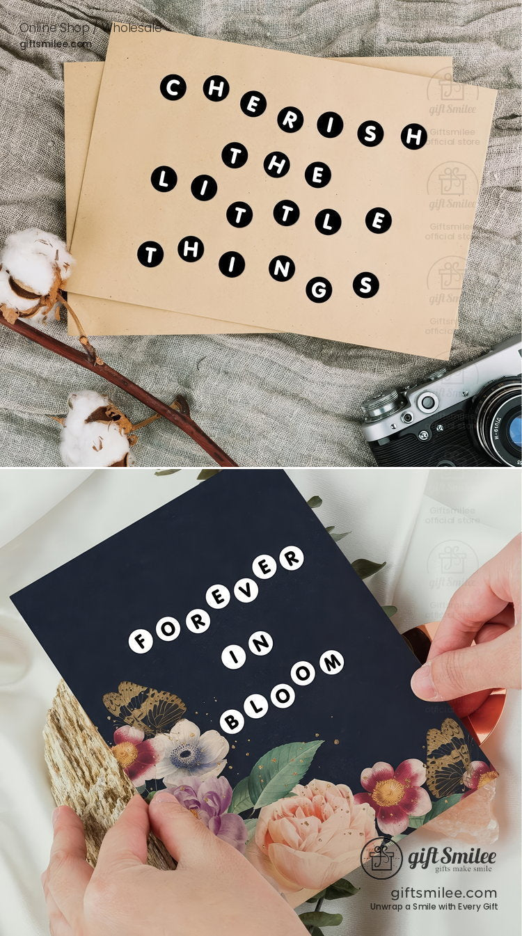 Kraft paper card with black round letter tiles spelling Cherish the Little Things styled with cotton stems and vintage camera  
