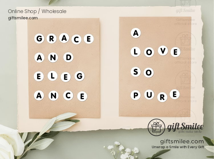 Two kraft paper cards with white circular letter tiles spelling Grace and Elegance and A Love So Pure styled with greenery