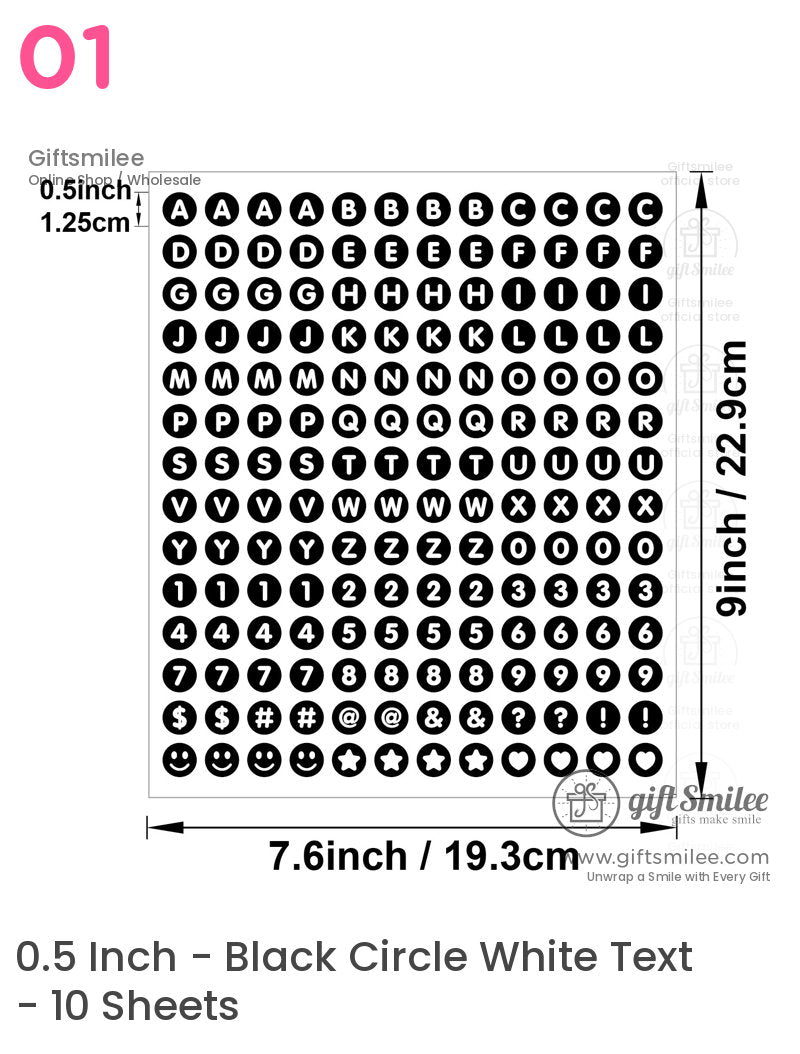 Black circular adhesive labels with white letters numbers and symbols 05inch size 9x76inch sheet