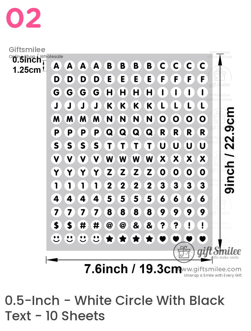 Black and white adhesive sticker sheet with letters numbers symbols and emojis 9x76 inches circular design
