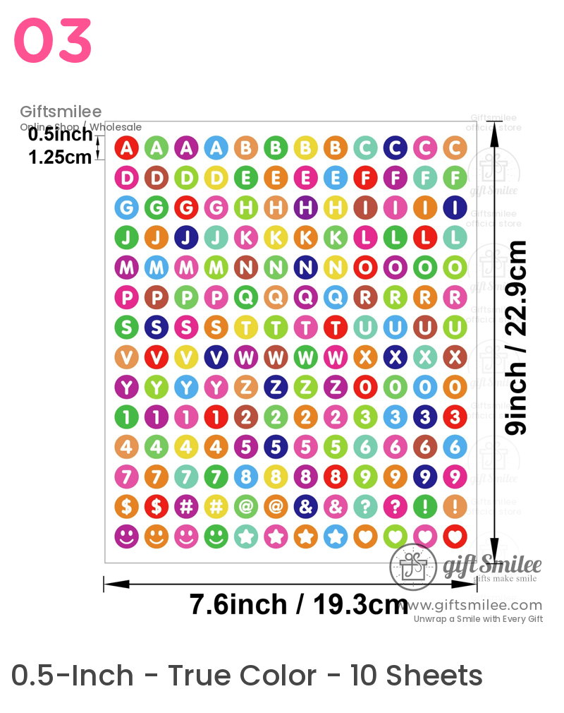 Multicolored round alphabet number and symbol stickers 05inch size arranged on a 9x76inch sheet