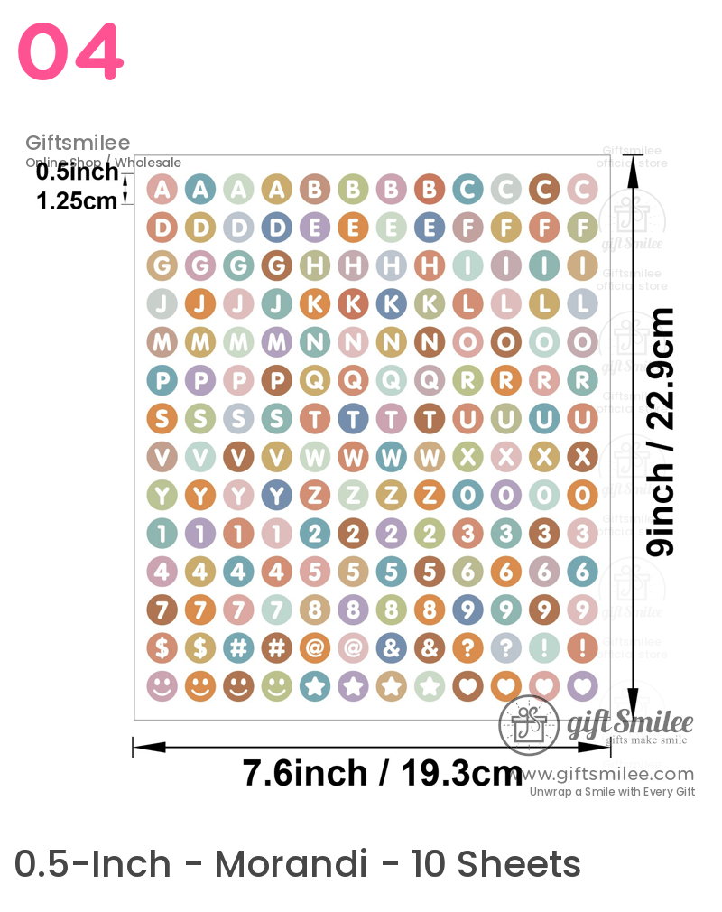 Multicolor round alphabet number and symbol stickers 05inch size pastel tones on 76x9inch adhesive sheet