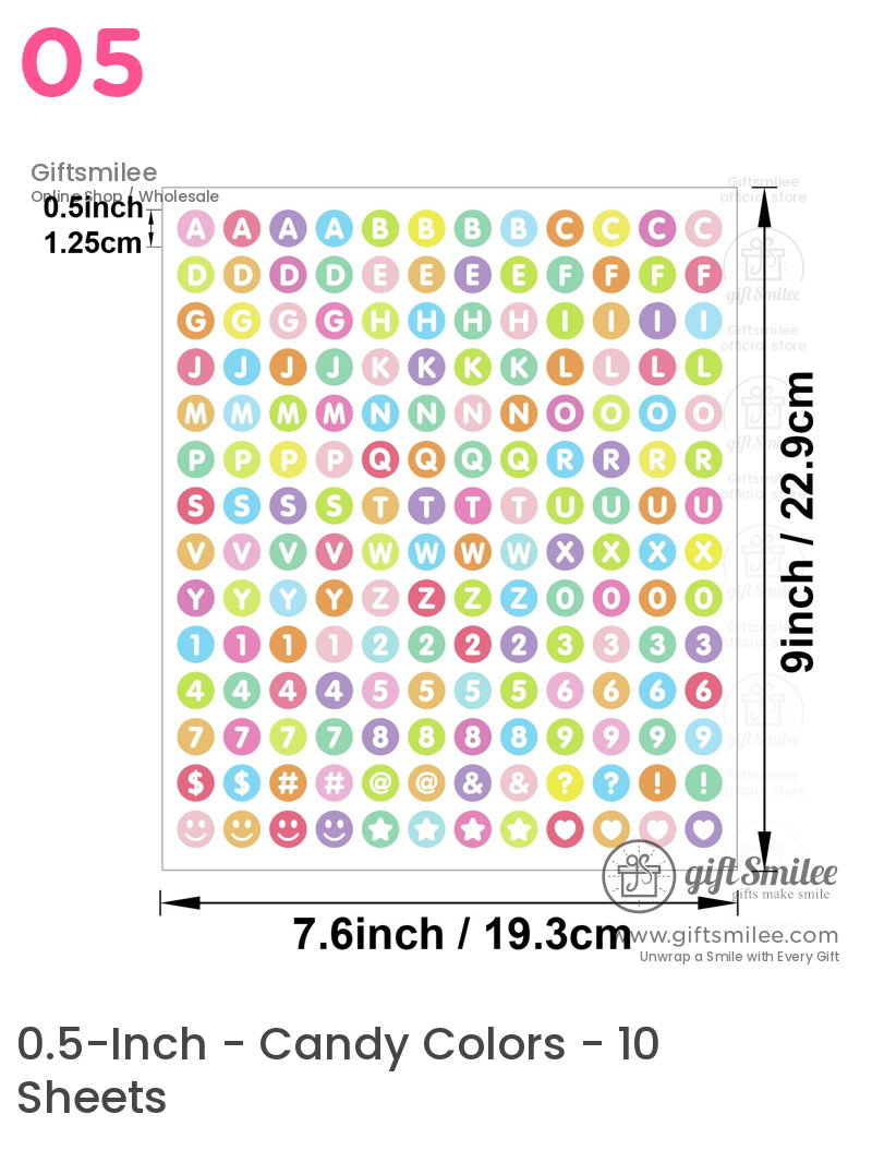Multicolored circle stickers with letters numbers and symbols on a 9x76inch sheet ideal for decoration or labeling