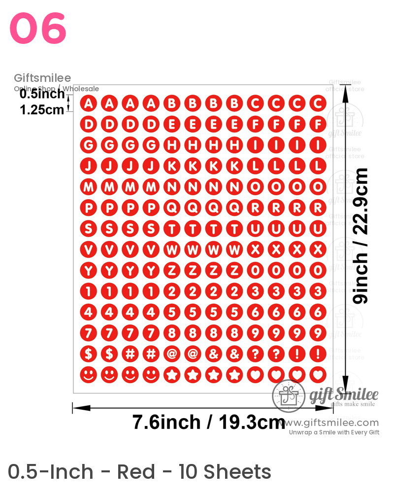 Red circle stickers with white alphanumeric characters symbols and emojis on a 76x9inch sheet 05inch diameter