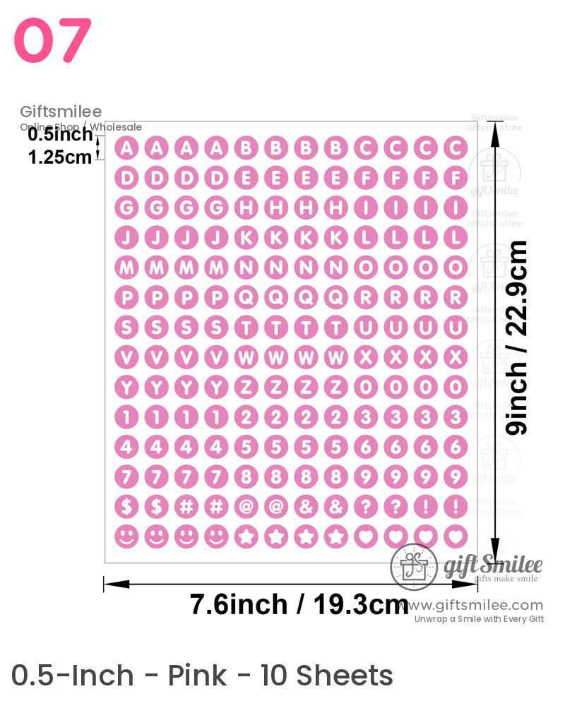 Pink alphabet and symbol stickers in circular shapes 05inch size arranged on a white 9x76inch sheet