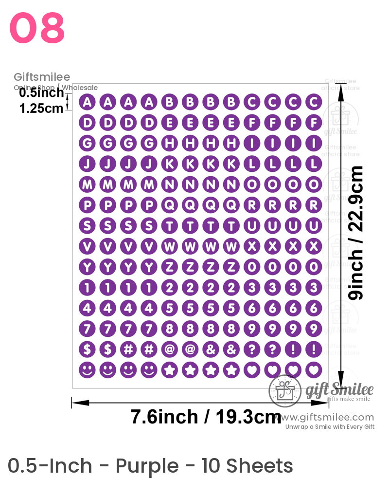 Purple alphabet and symbol stickers in circular shapes 05inch size arranged on a 9x76inch white sheet