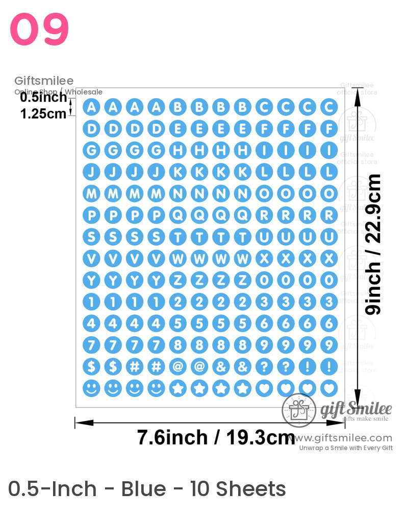Blue adhesive letter number and symbol stickers on a 9x76inch sheet with circular designs and clear measurements