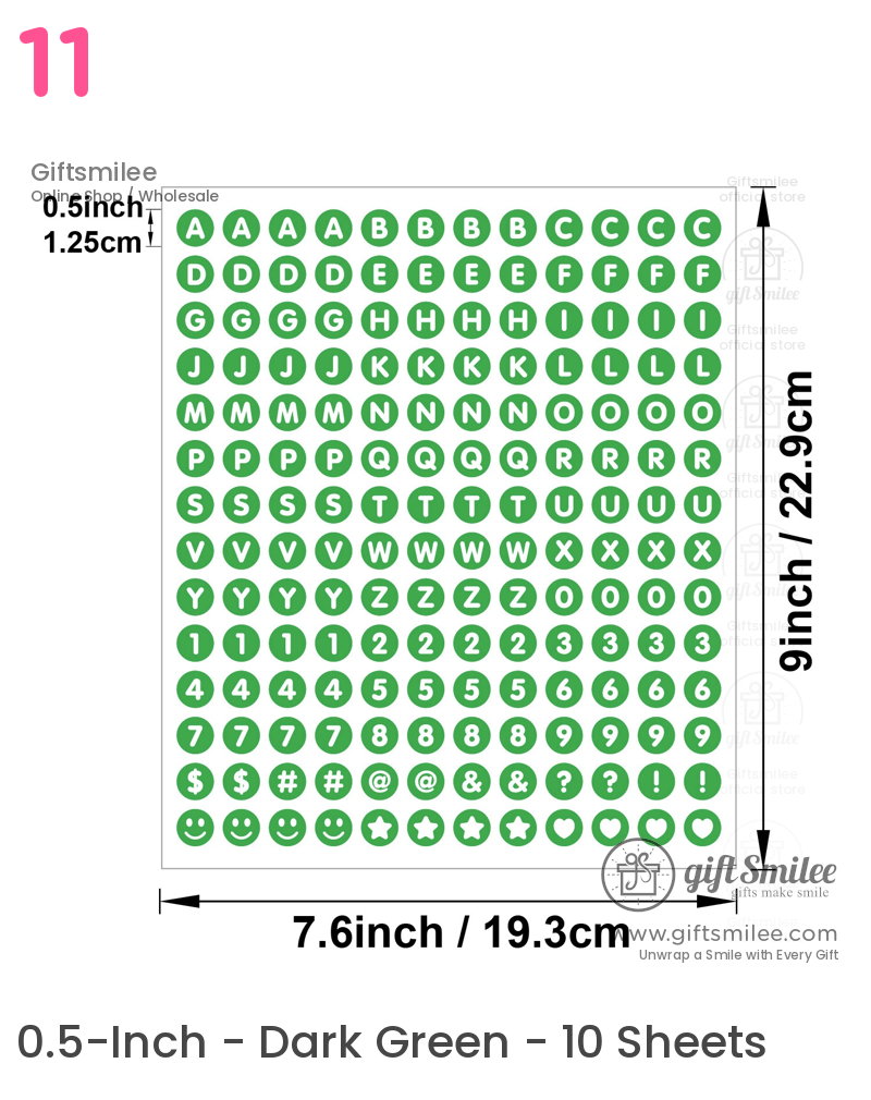 Green circular adhesive stickers with white letters numbers and symbols measuring 9x76 inches perfect for labeling