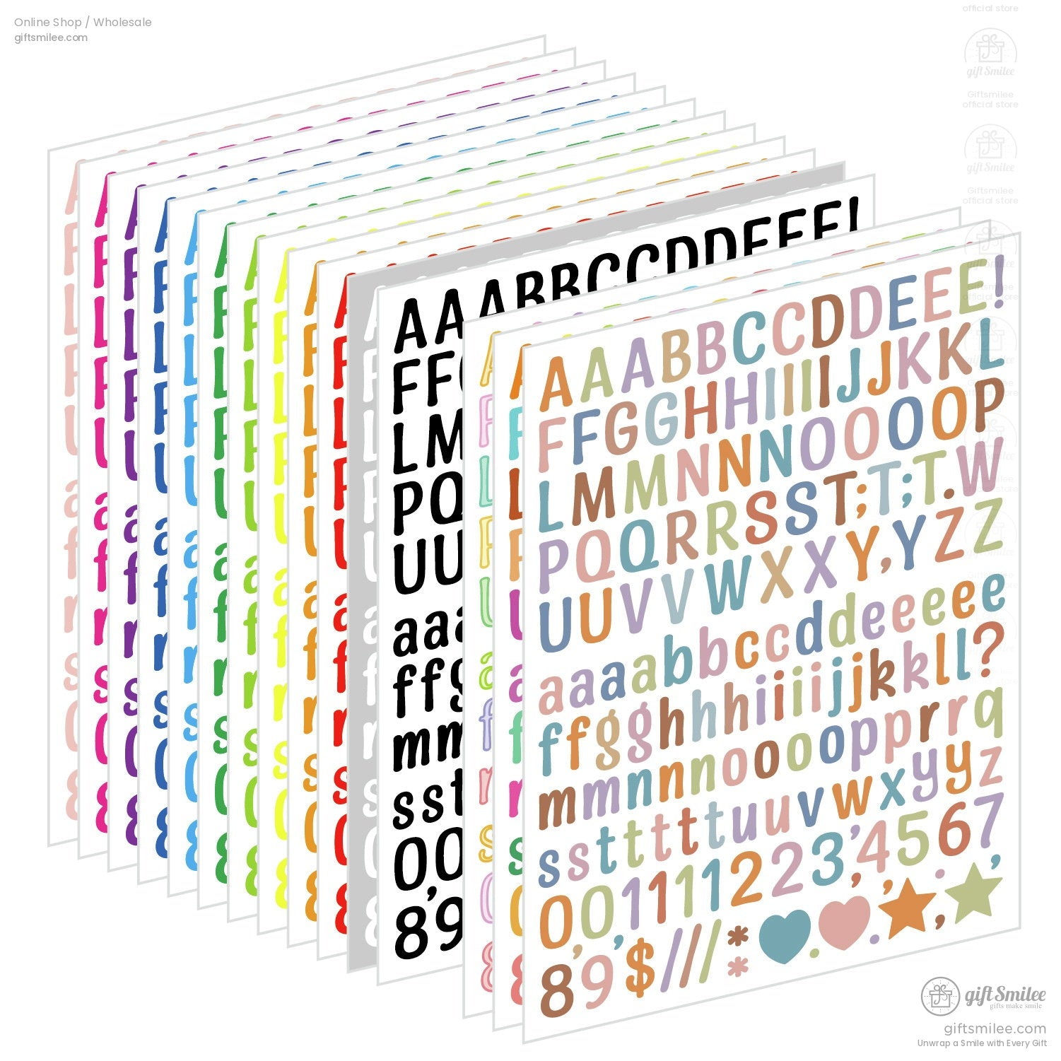 Assorted pastel and bold alphabet sticker sheets with uppercase lowercase letters numbers and symbols in vibrant colors
