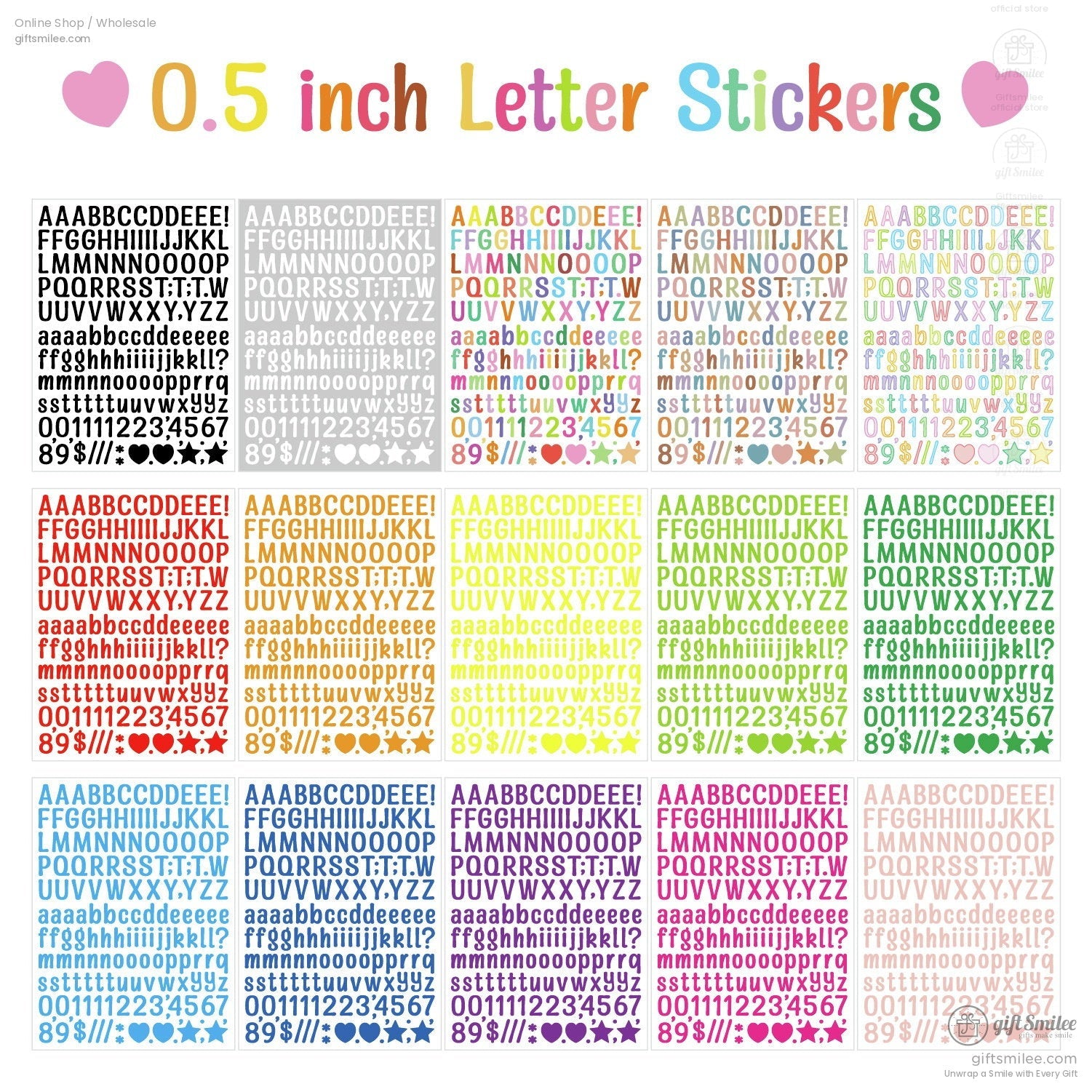 Multicolor 05inch alphabet and number stickers includes uppercase lowercase symbols and decorative hearts