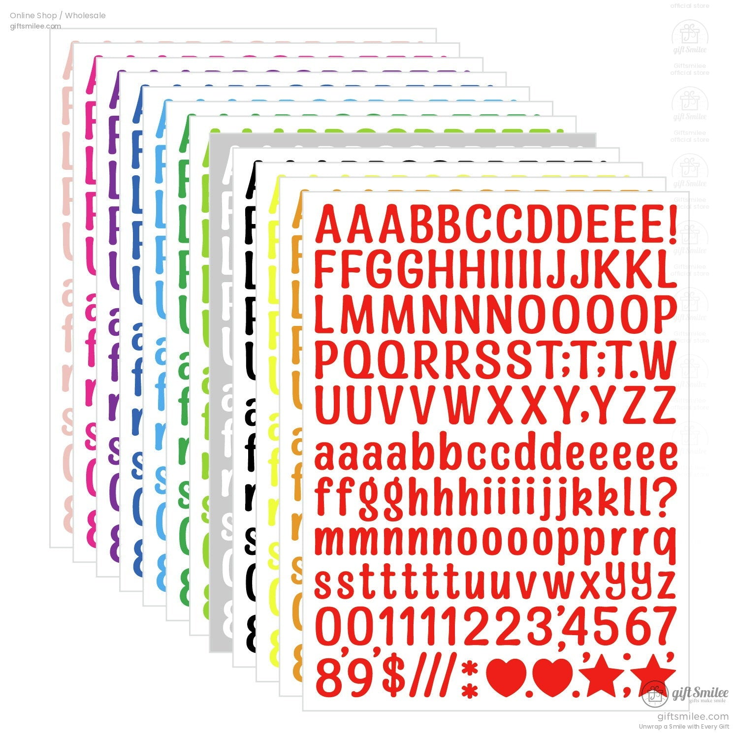 Multicolor selfadhesive alphabet and number sticker sheets with bold uppercase and lowercase letters symbols and stars