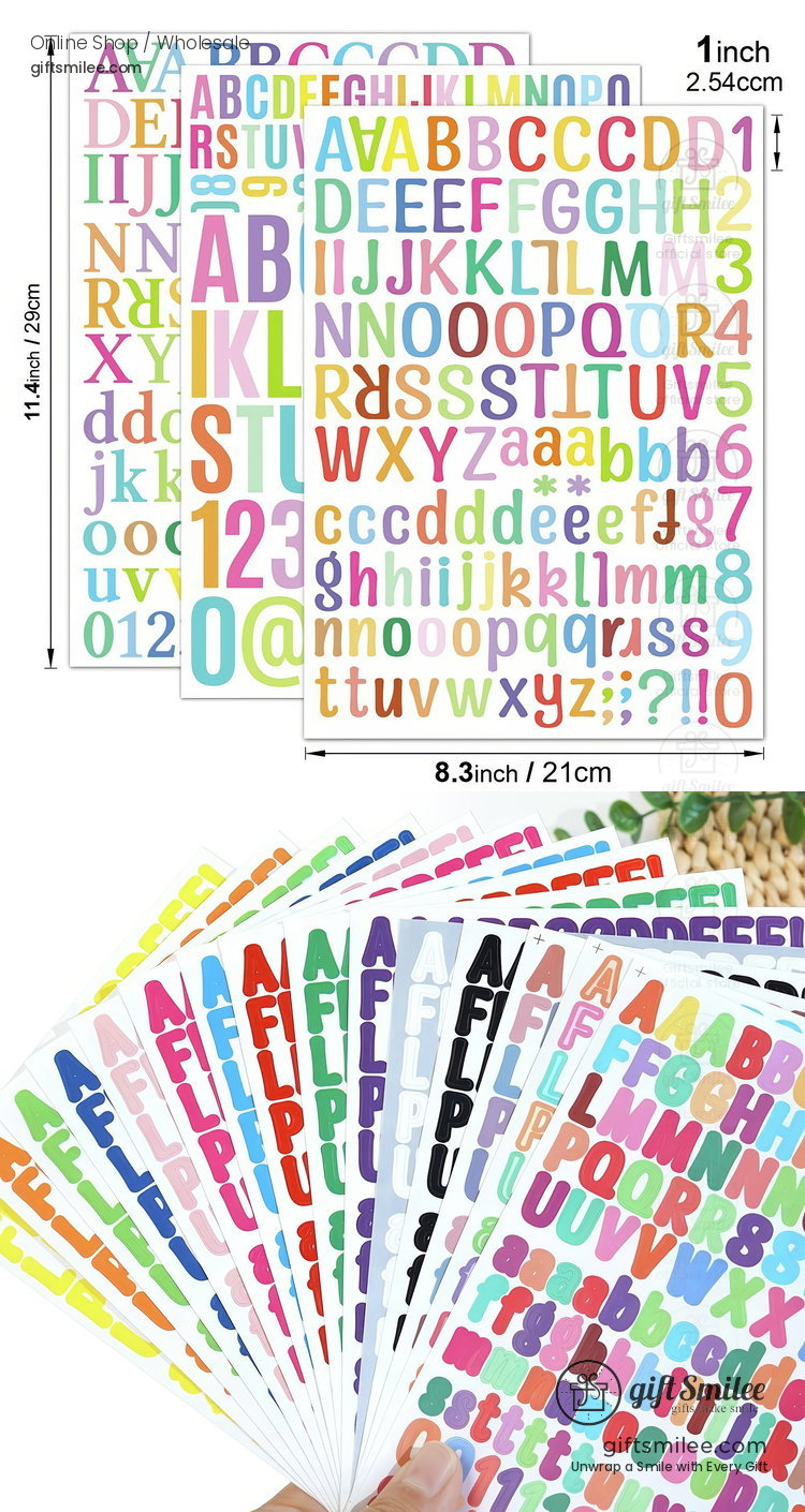 Multicolor vinyl letter and number stickers in uppercase and lowercase 83x114 inches ideal for crafts and labeling