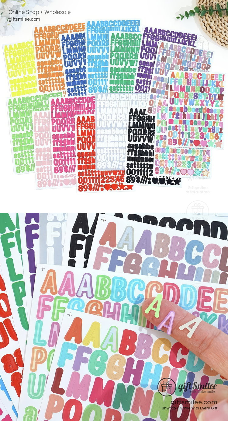 Multicolored alphabet sticker sheets in bold fonts uppercase letters and vibrant hues for crafts and scrapbooking