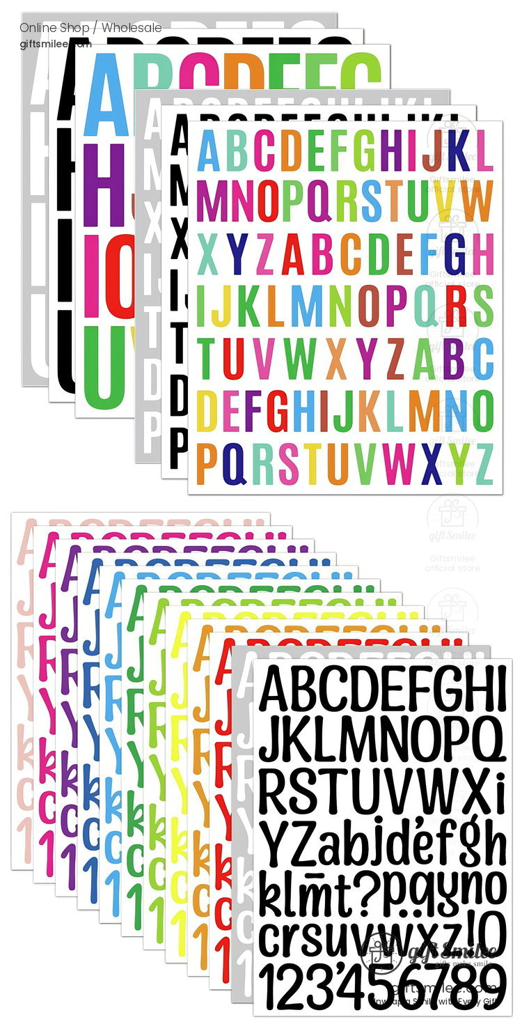 Multicolor alphabet and number sticker sheets with bold uppercase and lowercase letters in assorted styles and vibrant hues