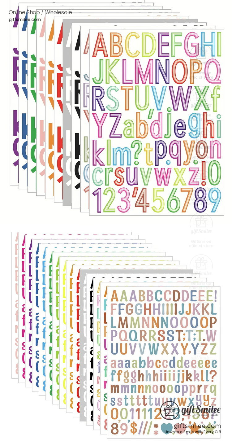 Multicolor alphabet and number sticker sheets with bold fonts uppercase and lowercase letters and assorted symbols