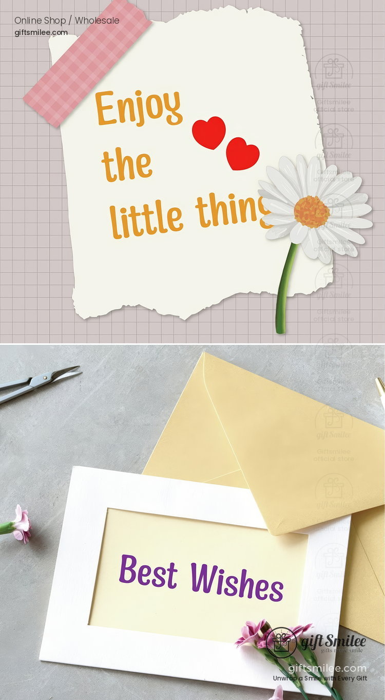 Beige and lavender cards with vibrant floral accents featuring uplifting Enjoy the Little Things and Best Wishes messages