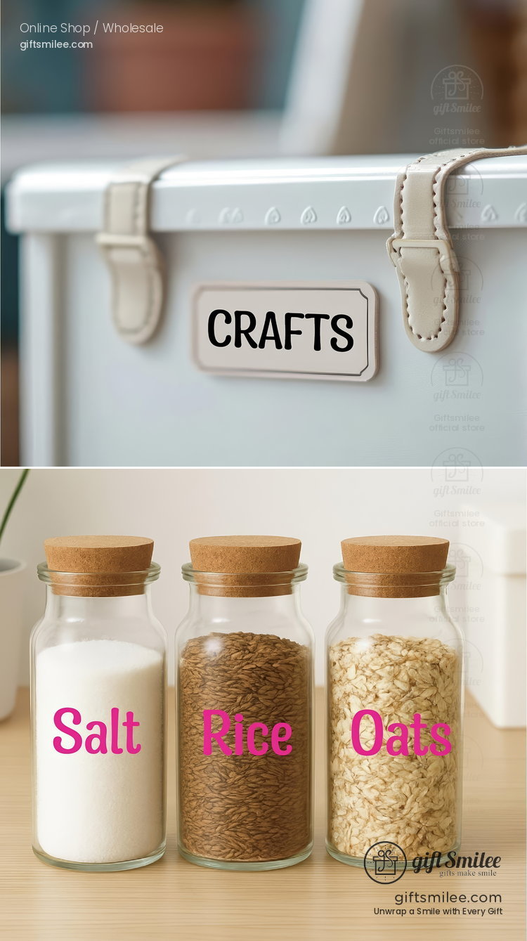 White storage box with leather strap handles labeled CRAFTS paired with glass jars with cork lids labeled salt rice oats