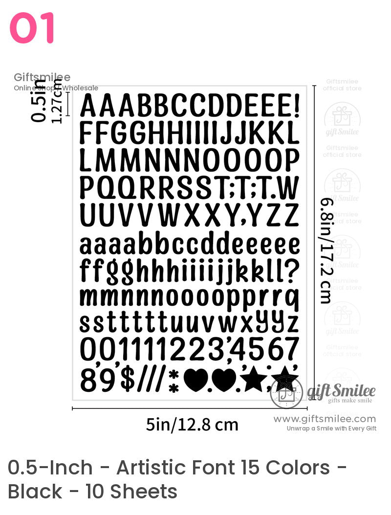 Black uppercase and lowercase alphabet numbers and symbols on a white background measuring 5x68 inches
