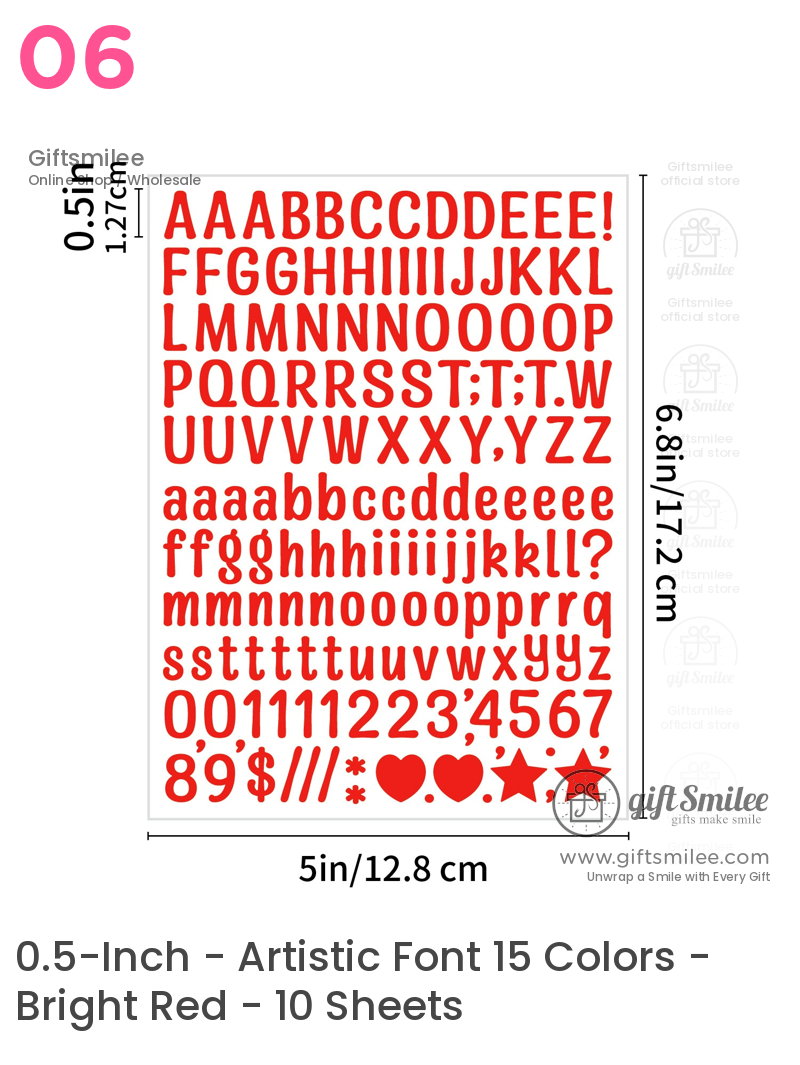 Red adhesive uppercase and lowercase letter stickers with symbols 05inch size bold font on a white background