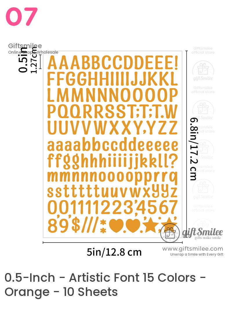 Gold adhesive vinyl lettering set with uppercase lowercase letters numbers and symbols 05inch height 5x68inch sheet