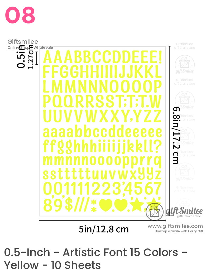 Neon yellow alphabet and number sticker sheet with symbols bold sansserif font dimensions 5x68 inches