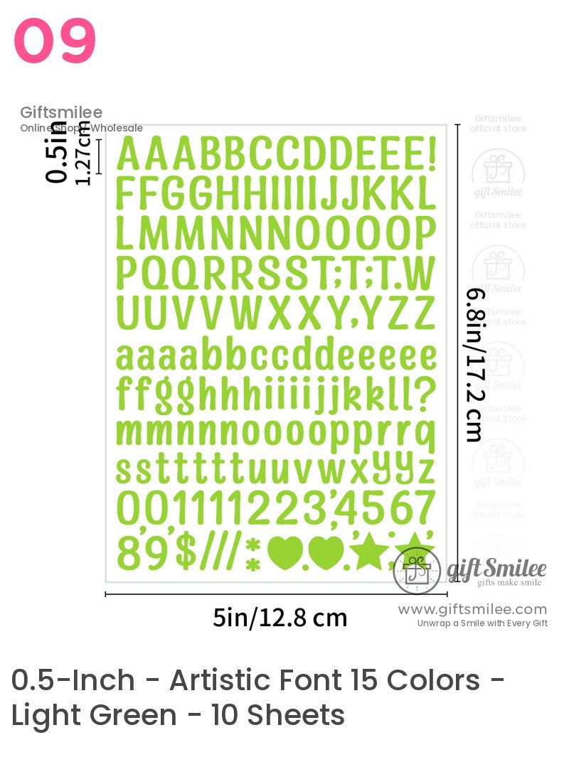 Green adhesive letter and symbol stickers with uppercase lowercase numbers and icons on a 5x68inch sheet