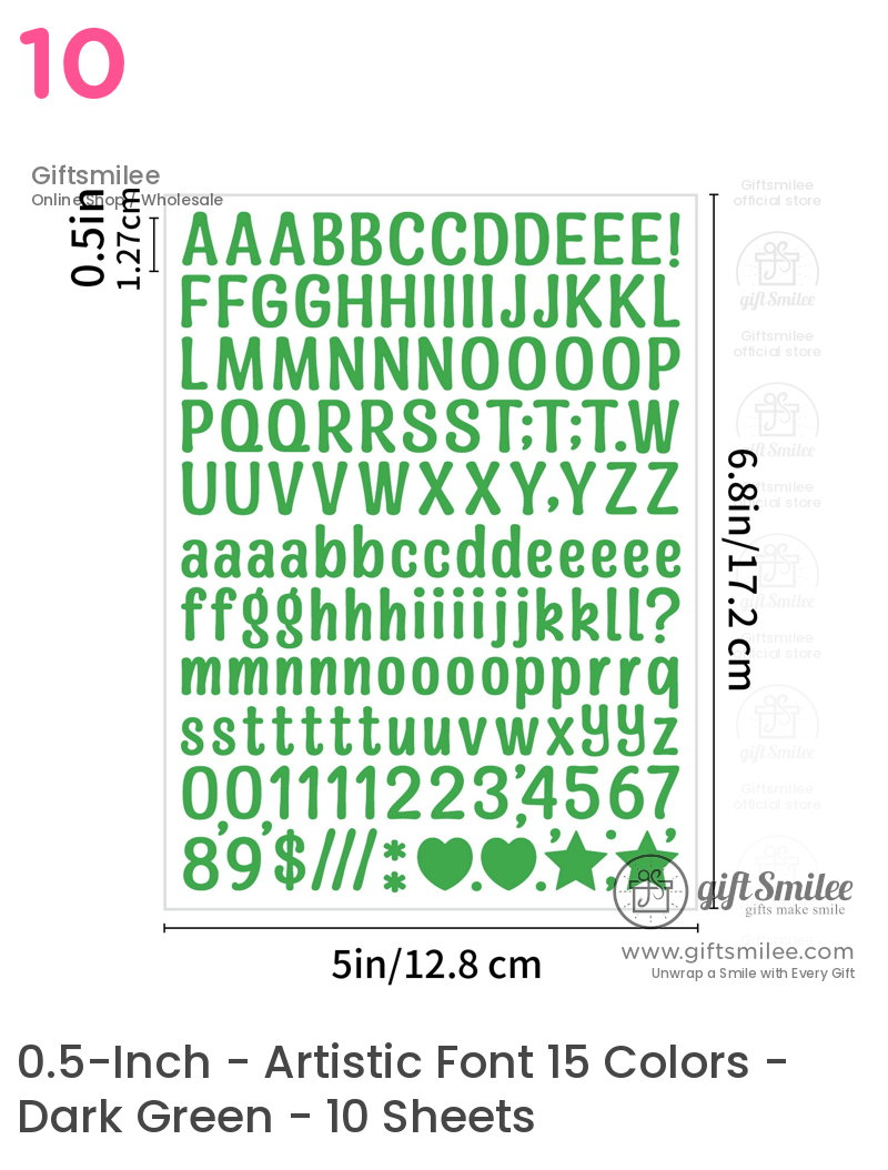 Green vinyl letter and symbol stickers in uppercase lowercase numbers and shapes 05 inches tall 5x68inch sheet