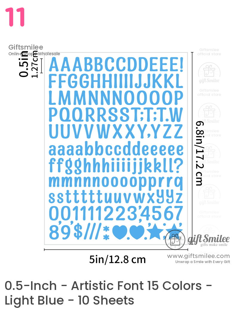 Blue vinyl letter number and symbol stickers in uppercase and lowercase on a white 5x68inch sheet