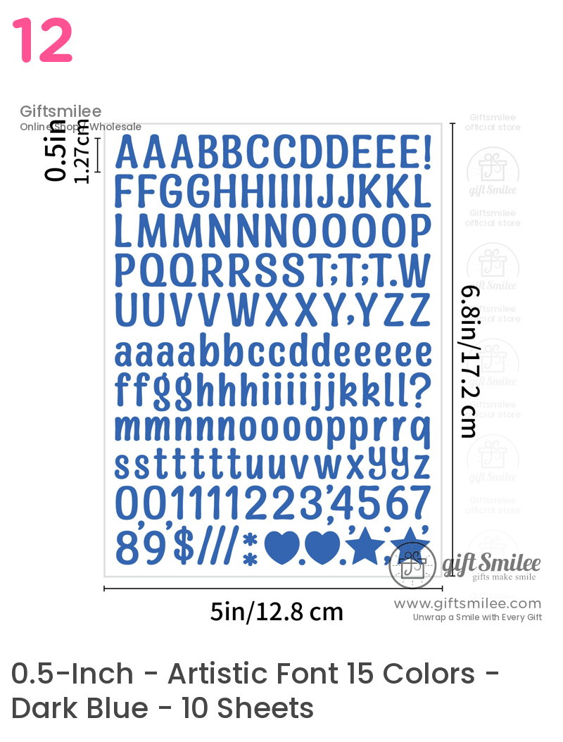 Blue adhesive vinyl letter and number stickers with symbols uppercase and lowercase fonts sized 05 inches tall