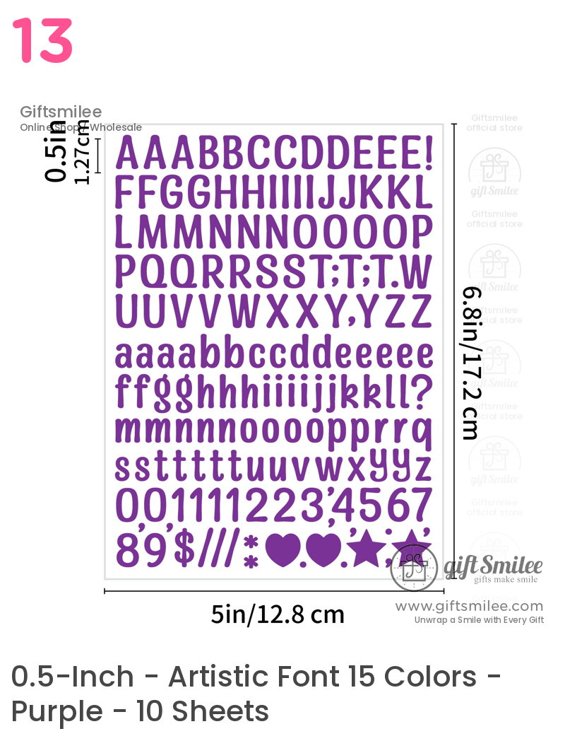 Purple alphabet and symbol stickers in uppercase and lowercase with numbers 5x68 inches ideal for crafts