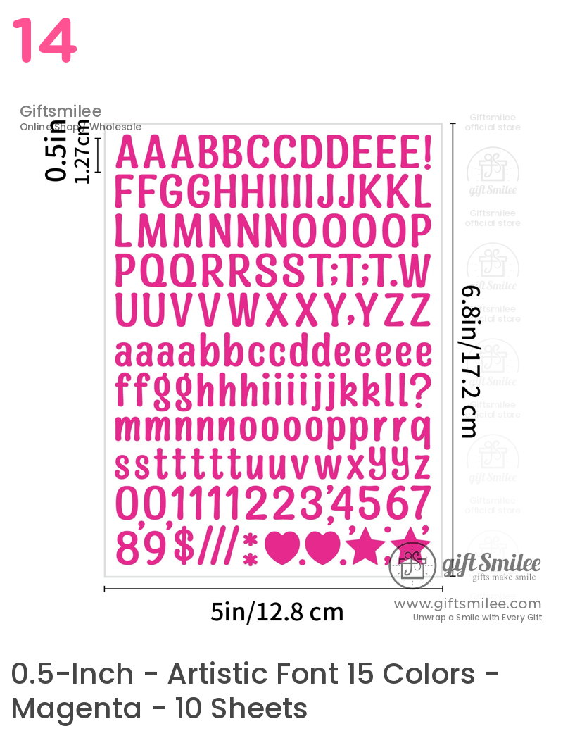 Pink uppercase and lowercase alphabet stickers with numbers symbols and hearts on a white sheet 5x68 inches