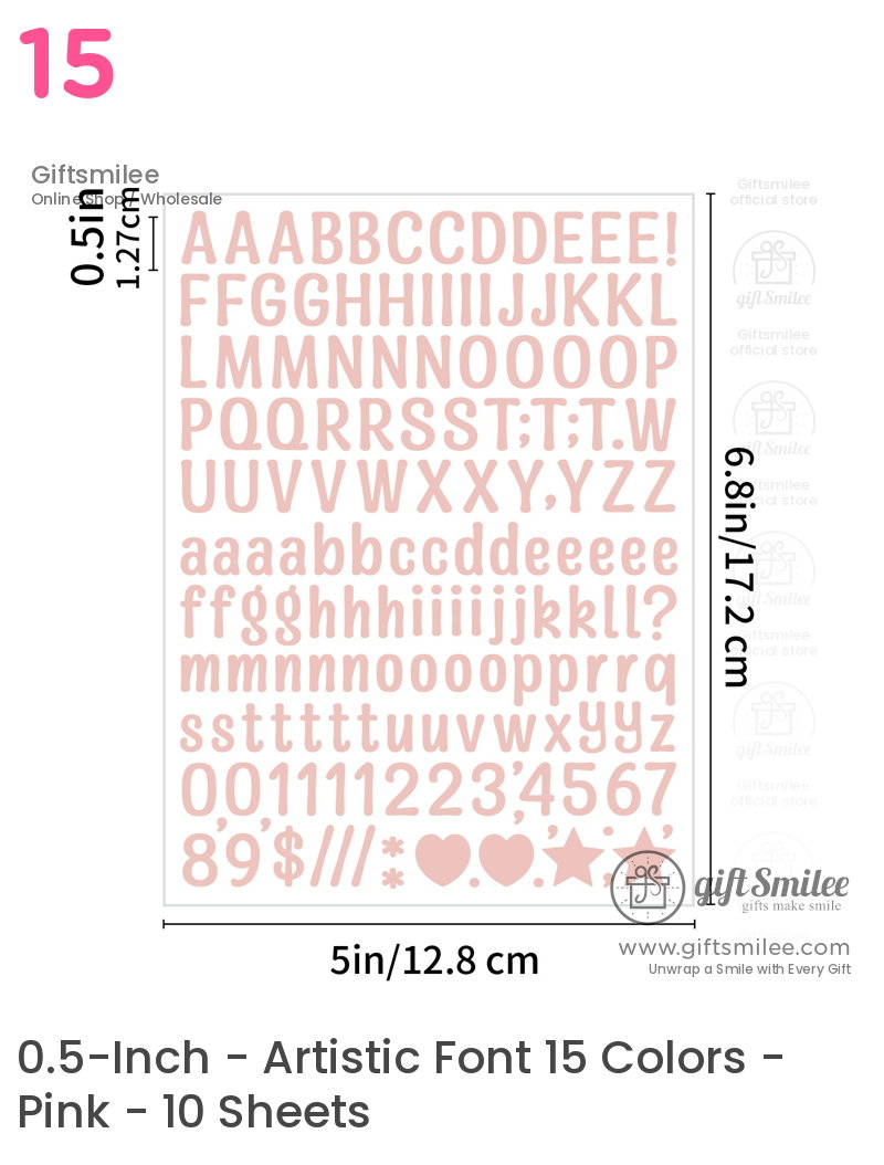 Pastel pink alphabet and number stickers in uppercase lowercase and symbols on a white sheet measuring 68x5 inches