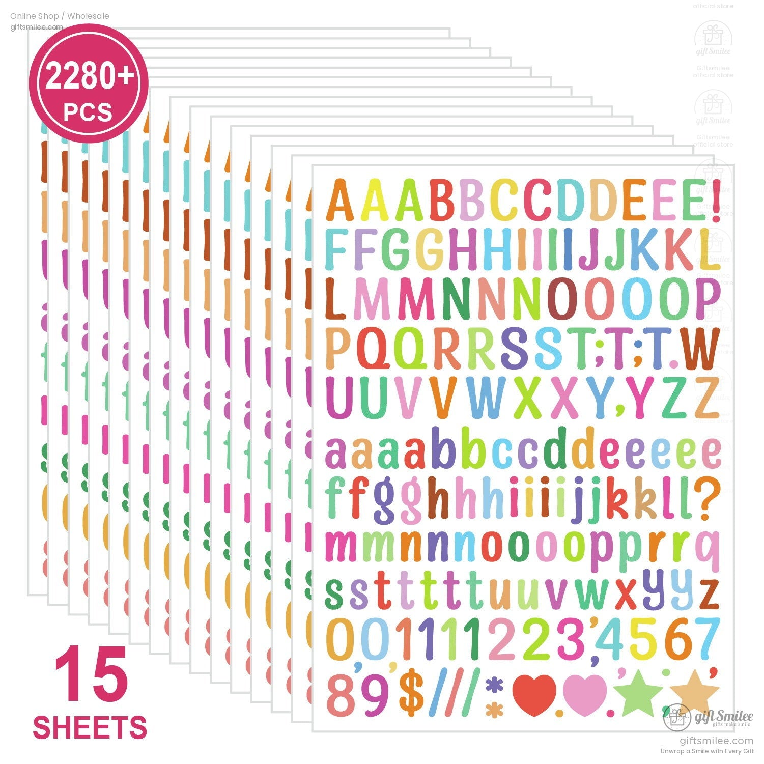 Pack of 15 sticker sheets with 2280 colorful alphabet number and symbol decals in assorted sizes and vibrant tones