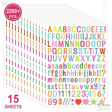 Pack of 15 sticker sheets with 2280 colorful alphabet number and symbol decals in assorted sizes and vibrant tones