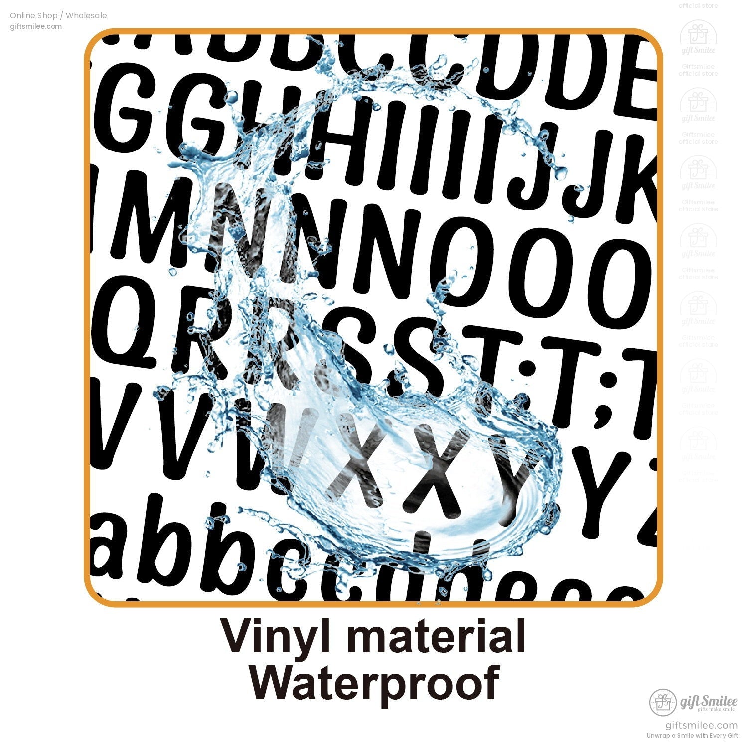 Black bold alphabet letters on waterproof white vinyl material with a splash of crystalclear water