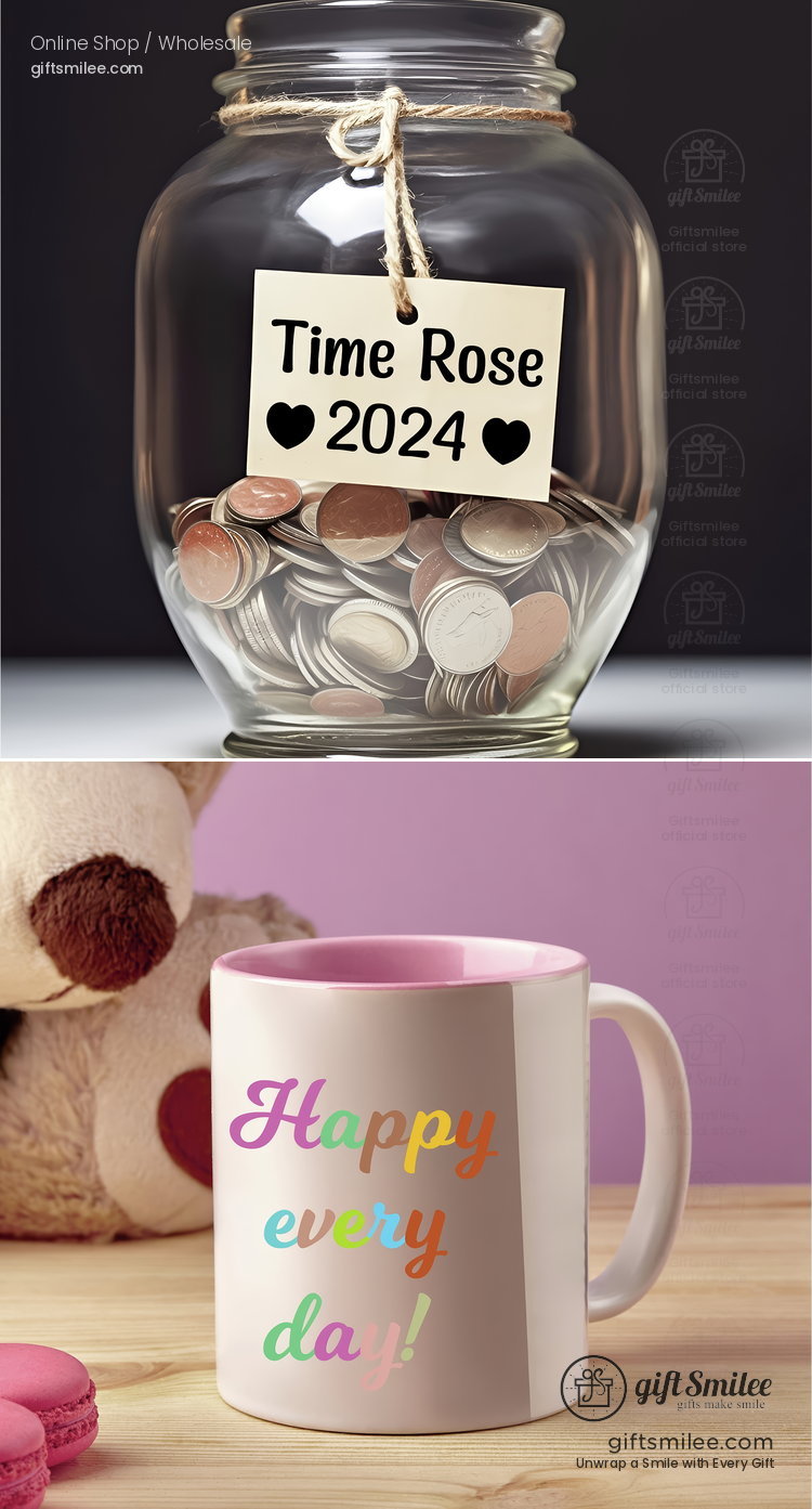 Clear glass jar with Time Rose 2024 label filled with mixed coins tied with rustic twine set on a neutral surface  