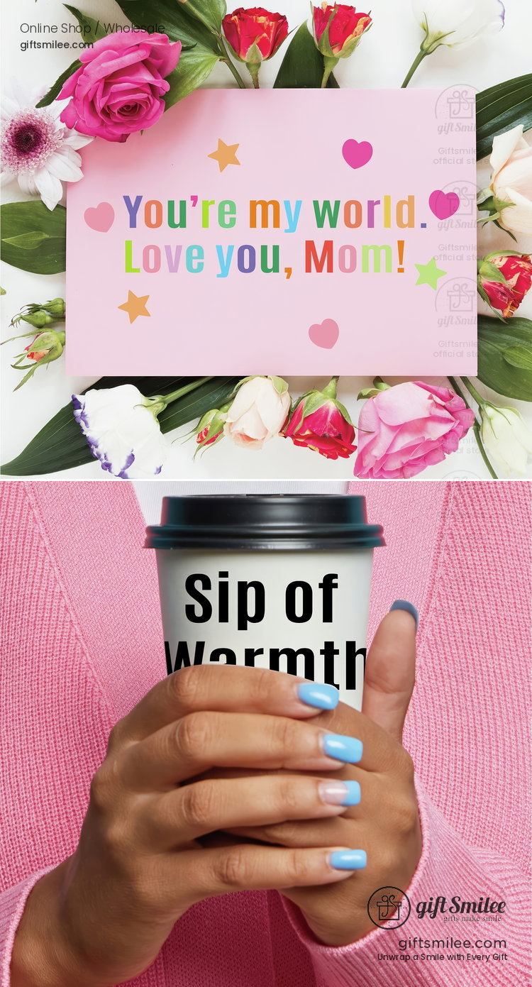 Pink card with colorful lettering saying Youre my world Love you Mom surrounded by vibrant roses and greenery